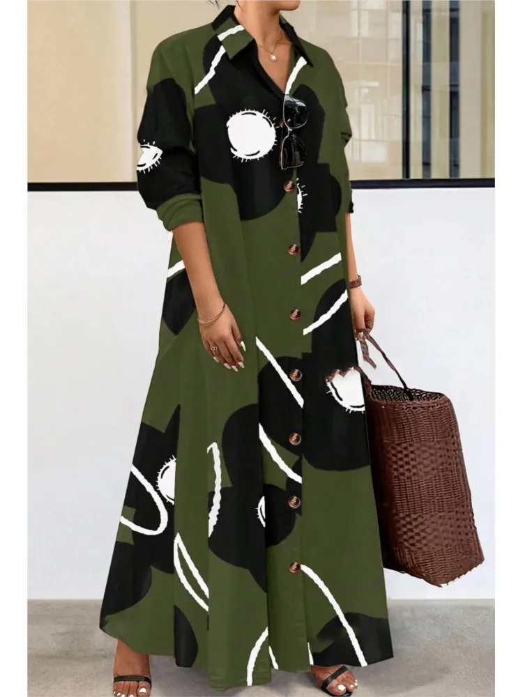 أزياء طباعة اللباس سيدة عارضة طويلة الأكمام بدوره إلى أسفل طوق زر قمصان فساتين للنساء عطلة الربيع الملابس النسائية الجديدة