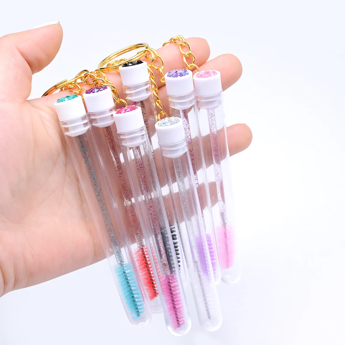 5pcs/Lot Eyelash Brushes Tubes With Keychain Lash Brush In Clear Container Disposable Eyelash Extension Mascara Wands With Case