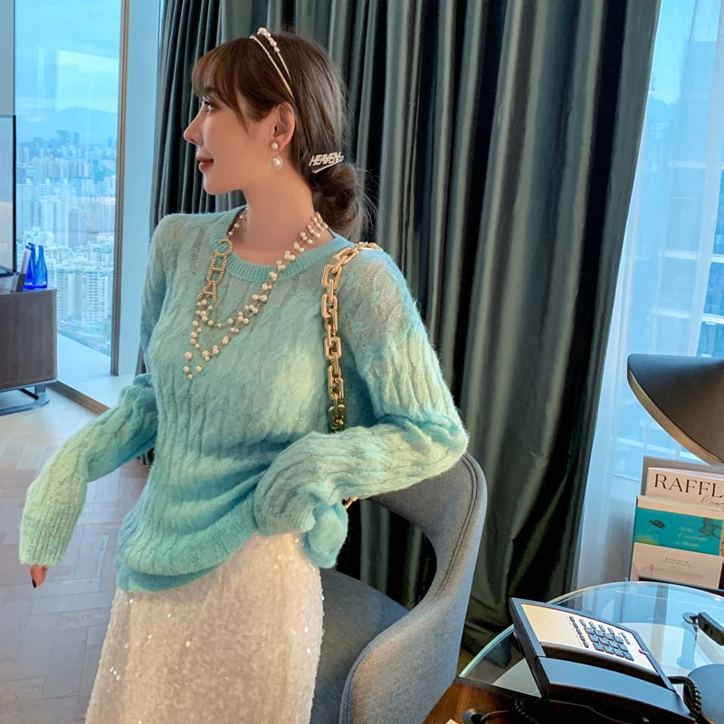 

Женский тонкий вязаный свитер Ele Long Sve с высоким круглым воротом, осенняя базовая кофта в корейском стиле, однотонный, шерстяной