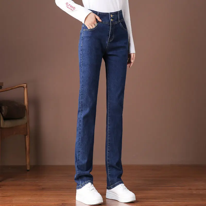 

Women Denim Pants 2024 New Spring Summer Fashion Casual Washed Blue High Waist Button Trousers Stretch Straight Jeans Woman