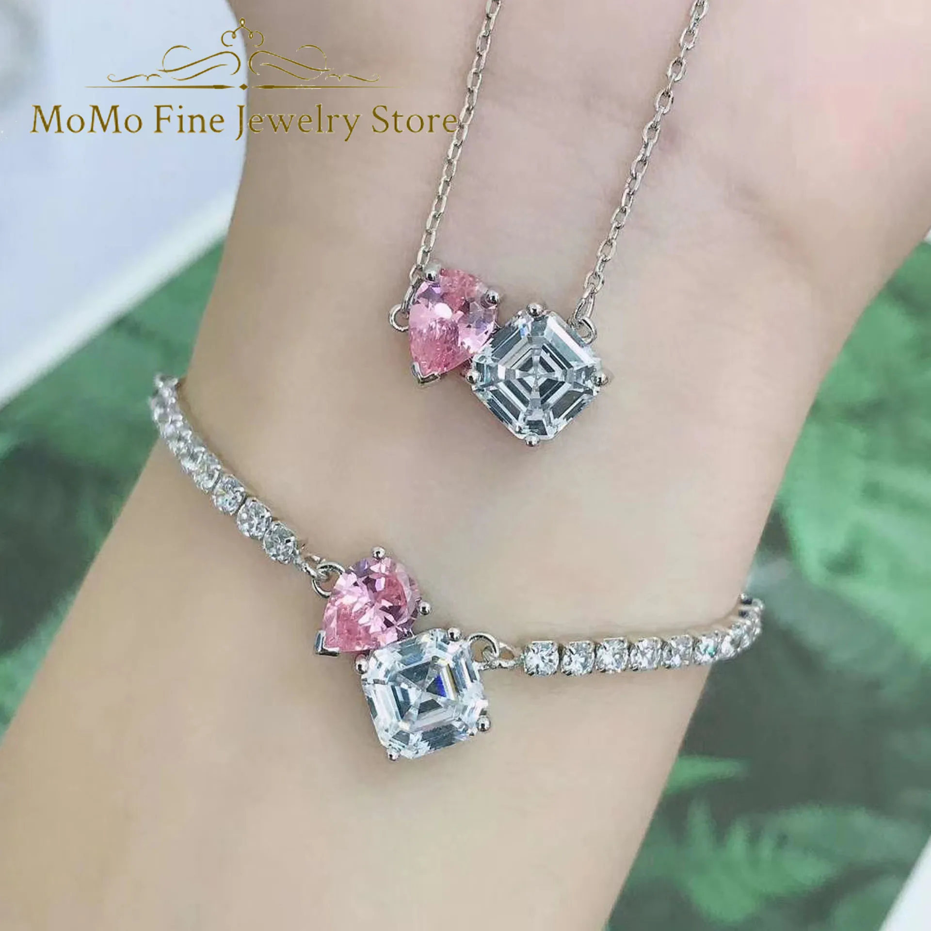 Original Attract Fine Jewelry Set Luxury Soul Pink Crystal Series Heart Bracelet Necklace Ring Earrings for Women Free Shipping