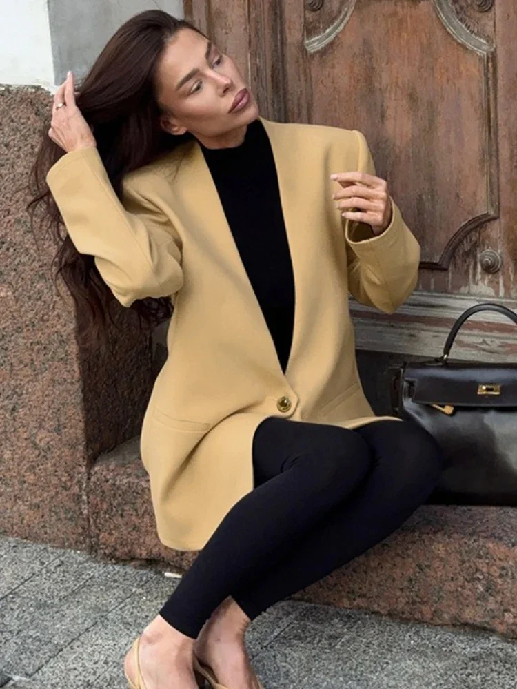 سترة أنيقة للركاب برقبة على شكل حرف v لعام 2025 معطف نسائي فضفاض وأكمام طويلة مرقع عالي الشارع للخريف بدلة نسائية #6