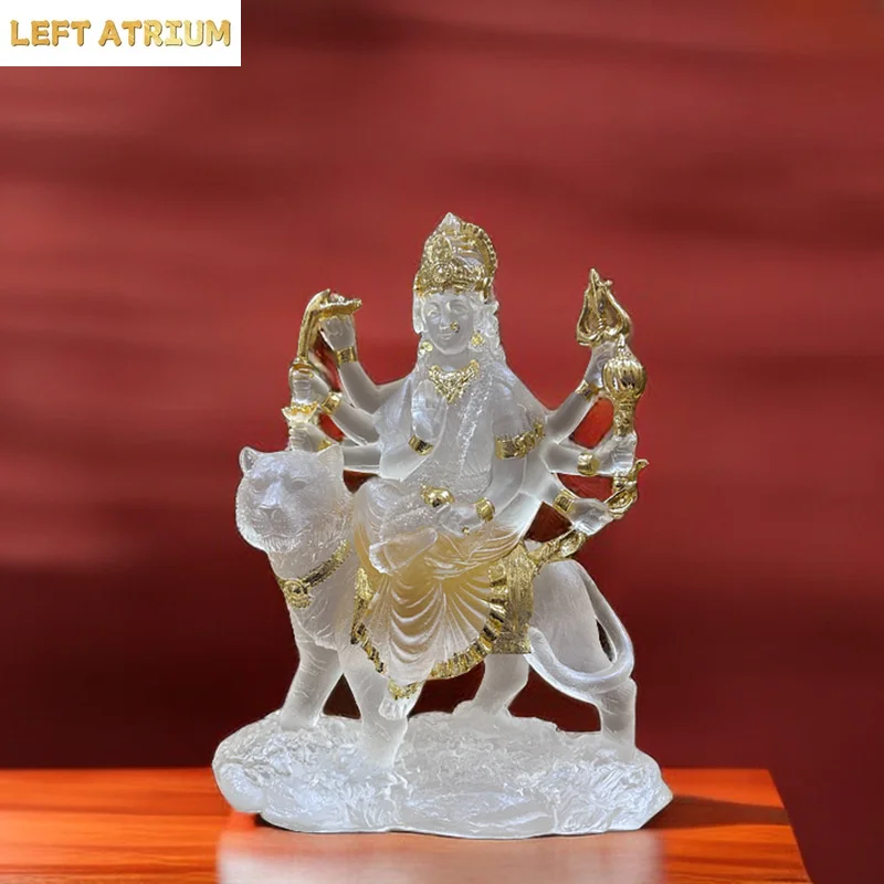 Indian Statue of Difficult To Approach Mother Durga Riding A Tiger and Lion Offering Resin Water Glass Ornament