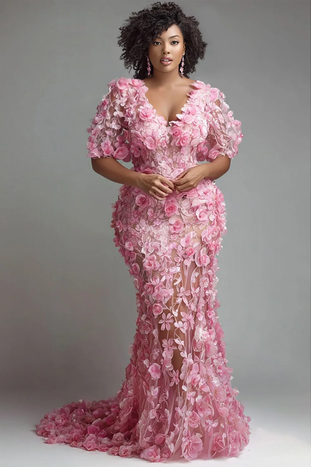 بالإضافة إلى حجم الوردي الرسمي الخامس الرقبة قصيرة الأكمام 3D فساتين ماكسي حورية البحر أنيقة #2