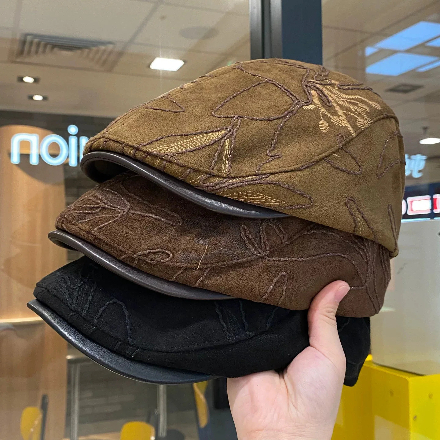 Retro fashion irregular line flower forward hat PU brim patchwork baseball cap casual versatile beret