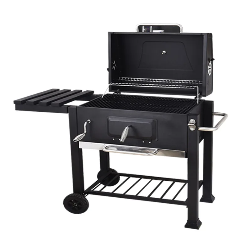 2023 Manufacturer 6-10 People European Big Barbecue Black Outdoor Meat Smoker Square Large Charcoal Trolley Bbq Grill With Side