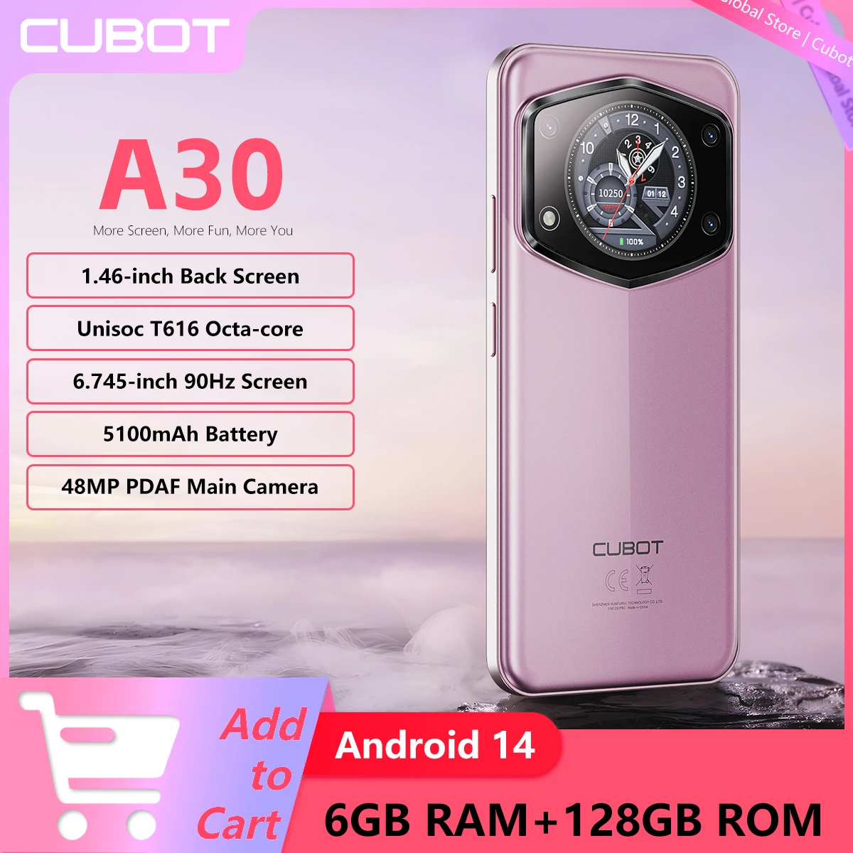 Cubot A30 Android 14 Smartphone Dual Screen Design 6GB RAM+128GB ROM 6.745-inch 90Hz Display 5100mAh 48MP Main Camera Face ID