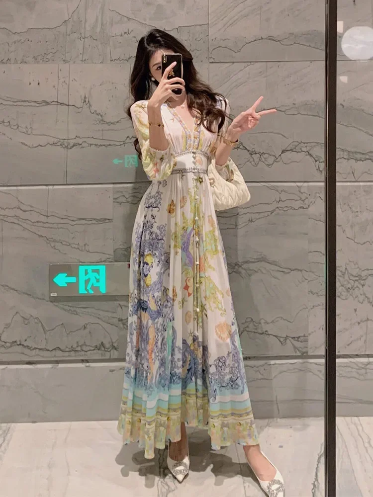 Autumn seaside vacation royal sister French chiffon bohemian floral bottoming dress women