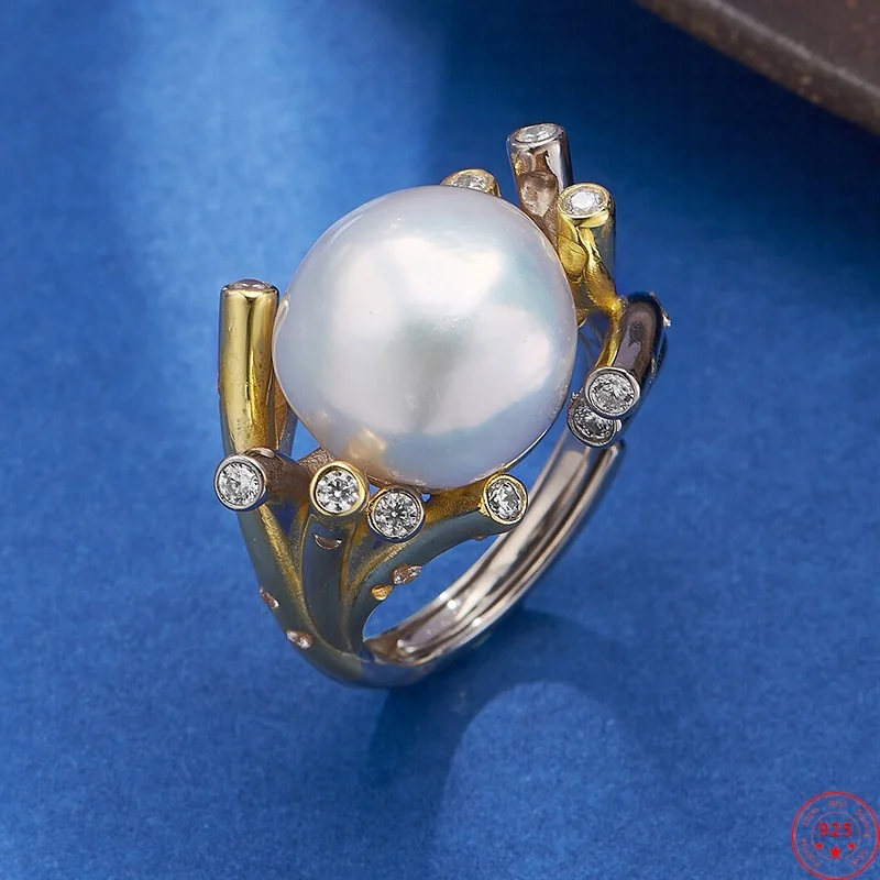 S925 Sterling Silver Charms Ring for Women Creative Contrast Colored Striped Inlaid Baroque Pearl Micro Zircon Jewelry Wholesale