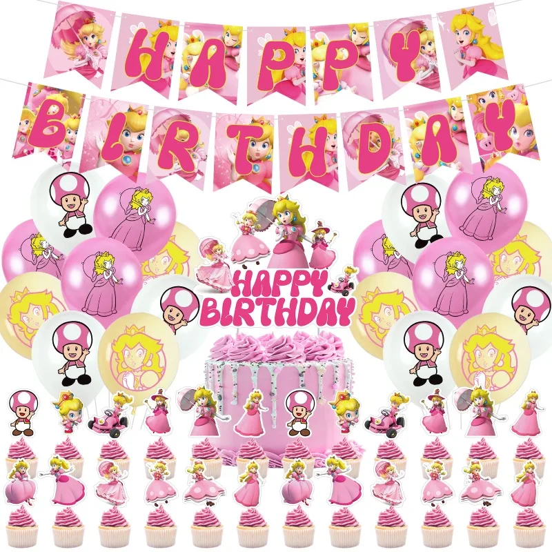 مجموعة زينة حفلات الأميرة الخوخية من Super Marios Bros، بالونات عيد الميلاد، لافتة علم الكيك، بدلة لوازم حفلات استحمام الطفل