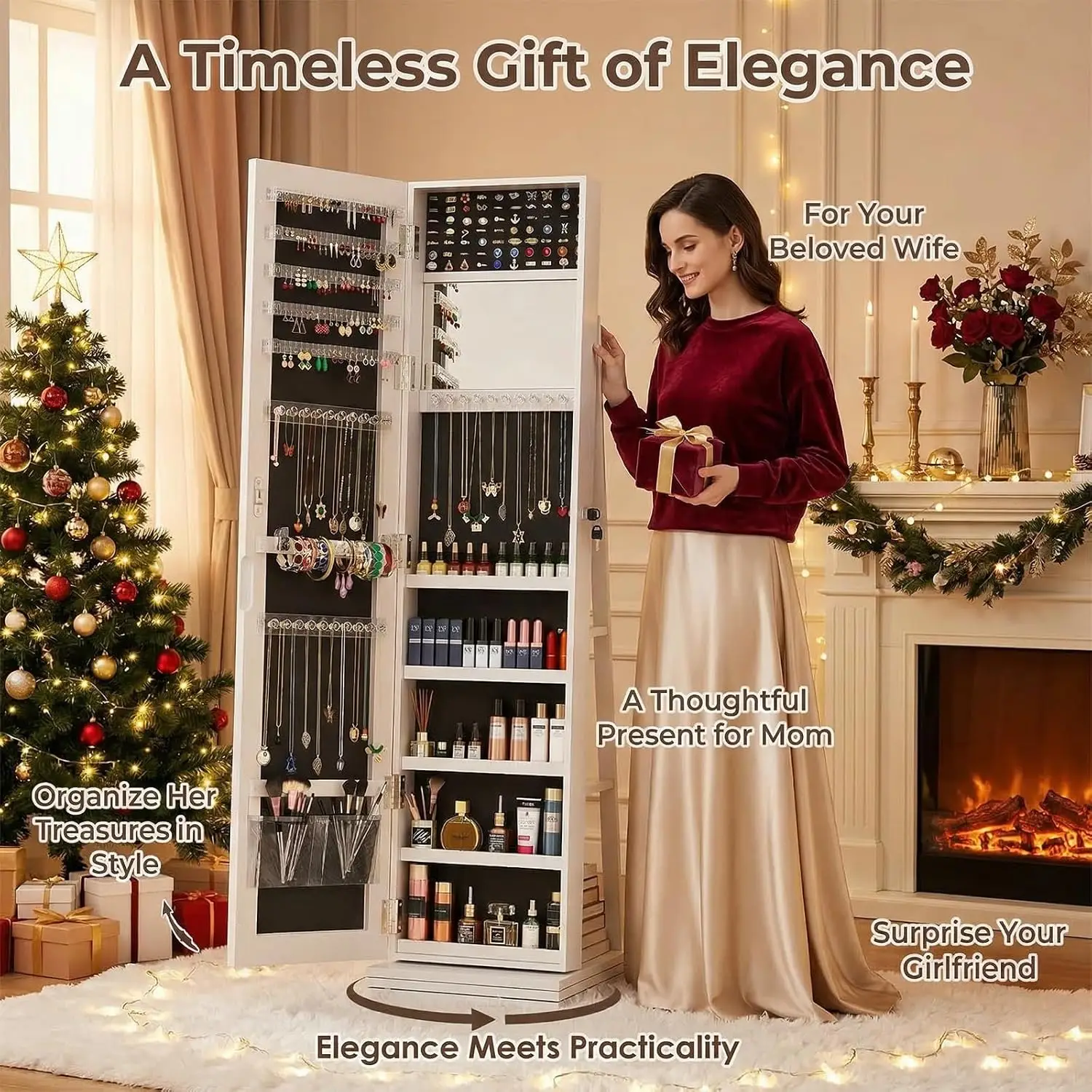 360° Swivel Jewelry Armoire with Full-Length Mirror, Lockable Standing Jewelry Organizer Cabinet with Interior Mirror,Customized image 4