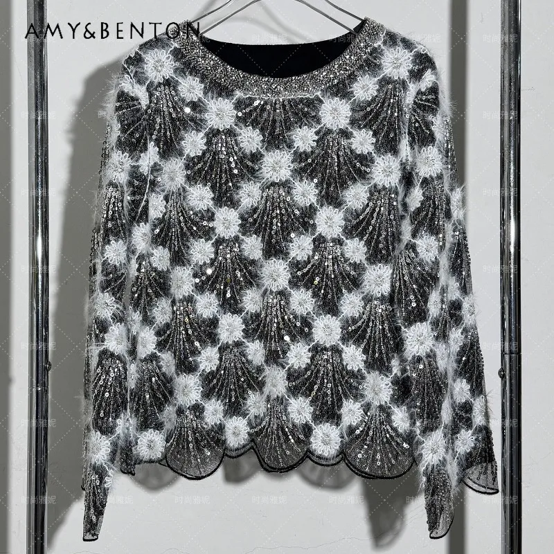 

2026 Spring New Plush Floral Blouse Women's Round Neck Long Sleeves Versatile Pearl Beaded Sequin Top Design Sense Elegant Shirt