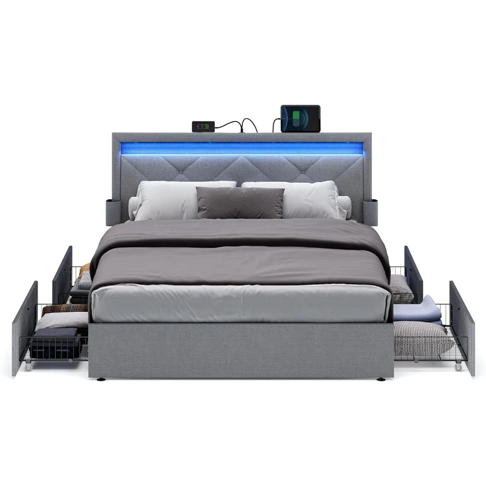 

Queen Size LED Bed Frame with Headboard and Storage, Upholstered Adjustable Height, 4 Drawers, USB and Type C Ports