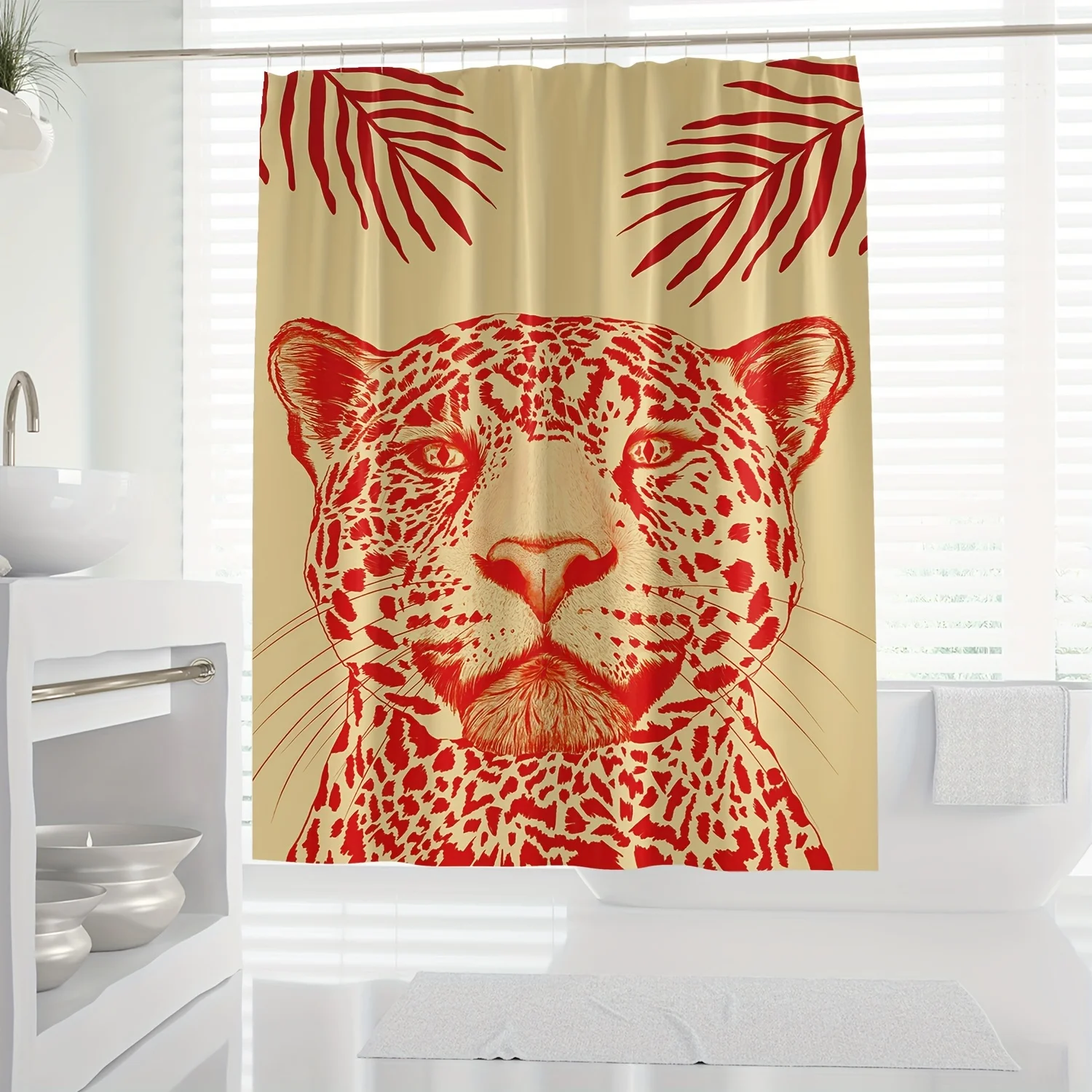 

1pc Stylish Leopard Print Shower Curtain - Polyester Fabric, Red & Beige Artistic Design with Tropical Foliage Accents, Includes