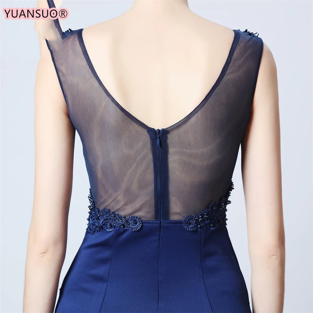 Navy Blue Elegant Mermaid V Neck Long Evening Dress with Appliques Beads See Through Back Women Formal Dress Evening Party Gown