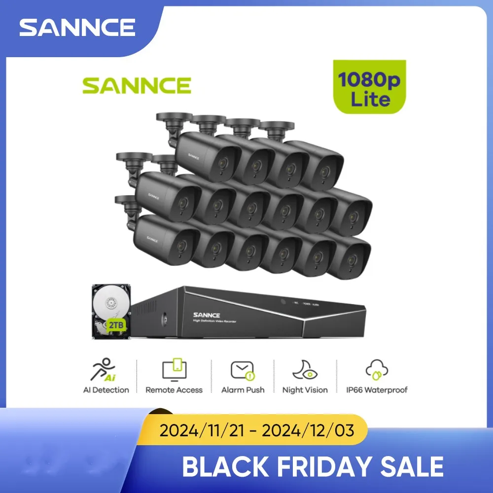 SANNCE 16CH 보안 카메라 시스템, DVR 1080P 야외 야간 투시경, 방수 CCTV 비디오 감시 키트, 원격 모니터, 5 인 1