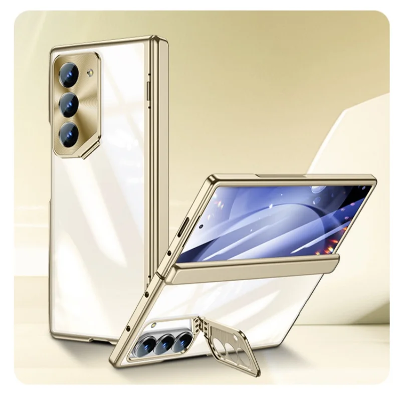 

For Samsung Galaxy Z Fold 7 6 5G Case with screen protector film & Holder Slim Hinge Protectio Electroplated Crystal Clear Cover