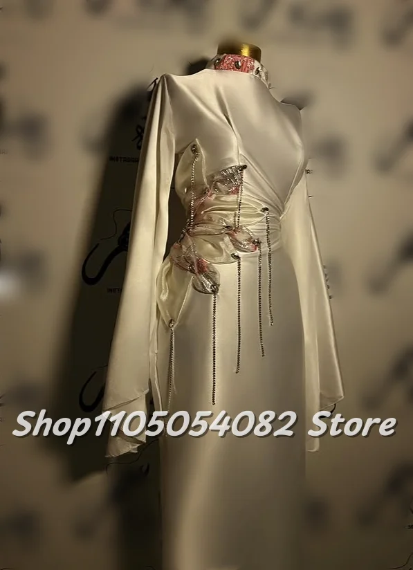 Customised High Neck Gorgeous Evening Dress Ivory Bell Sleeves Applique Studs Beading Fringe Satin Straight Prom Dress
