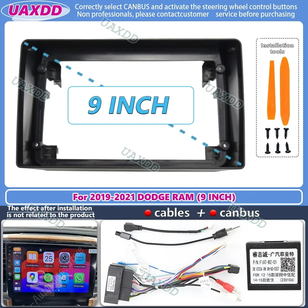 FOR 2019-2021 DODGE RAM 9INCH 2 Din Car Android frame Kit Center fascia cable video harness adapter dashboard decoder canbus box