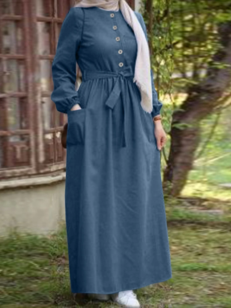 Vintage ZANZEA Müslüman Kadın Elbise Sonbahar Uzun Maxi Elbise Tatil Parti Katı Abaya Elbiseler Büyük Boy Uzun Kollu vestidos Kaftan
