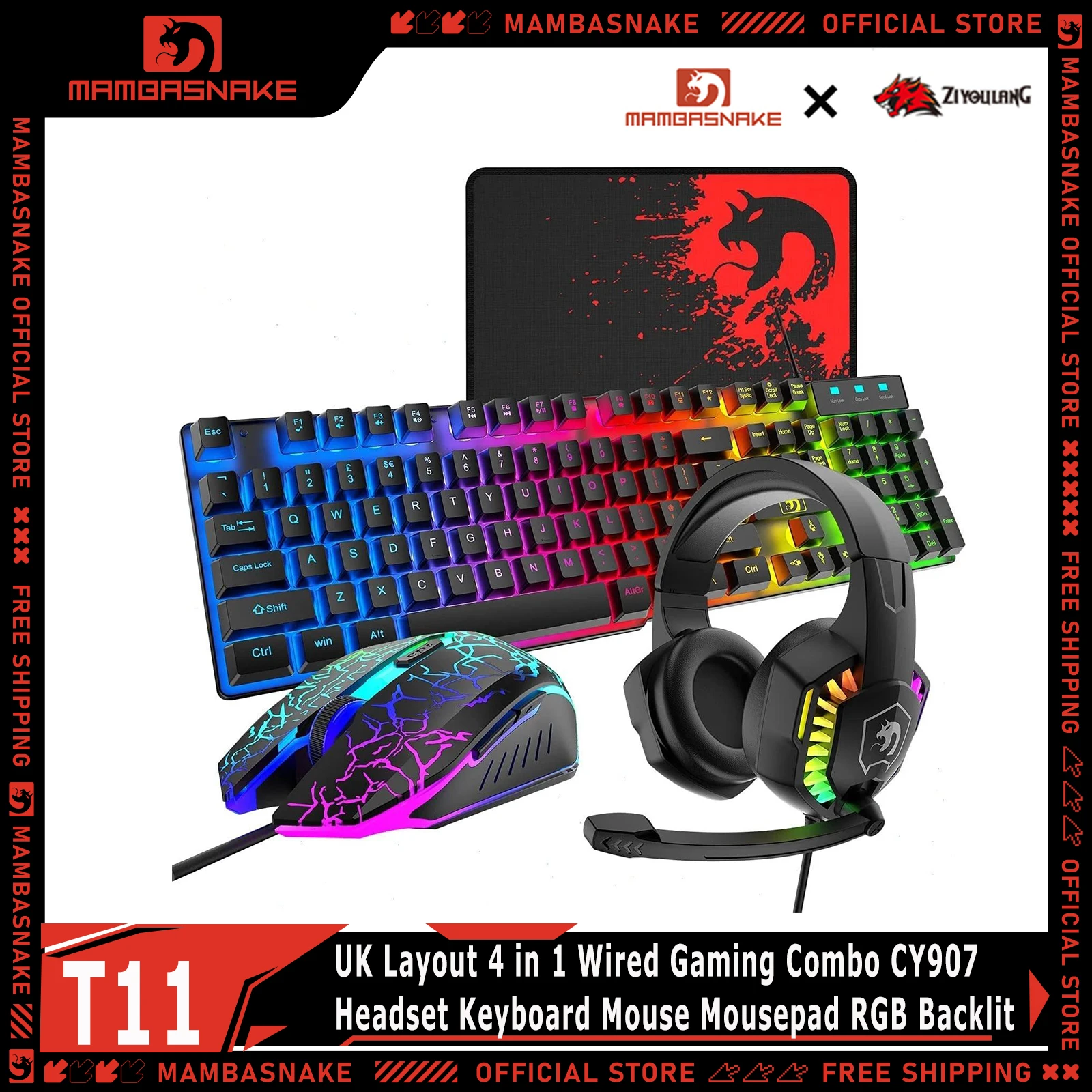 MAMBASNAKE X ZIYOULANG T11 UK Layout 4 in 1 Wired Gaming Combo CY907 Headset Keyboard Mouse Mousepad RGB Backlit For PC