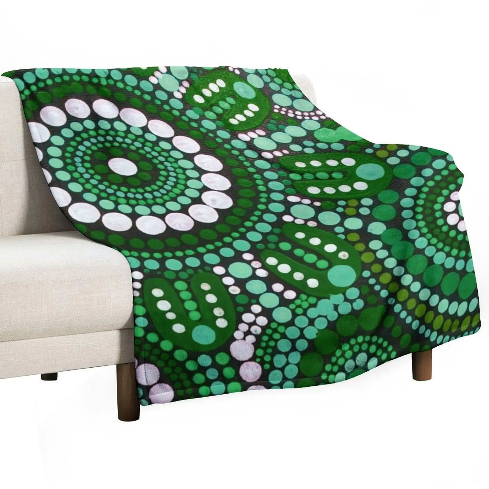 Australian Aboriginal Art Green Pattern Family Gathering Throw Blanket Cozy Home Blanket Gift for Christmas Holiday