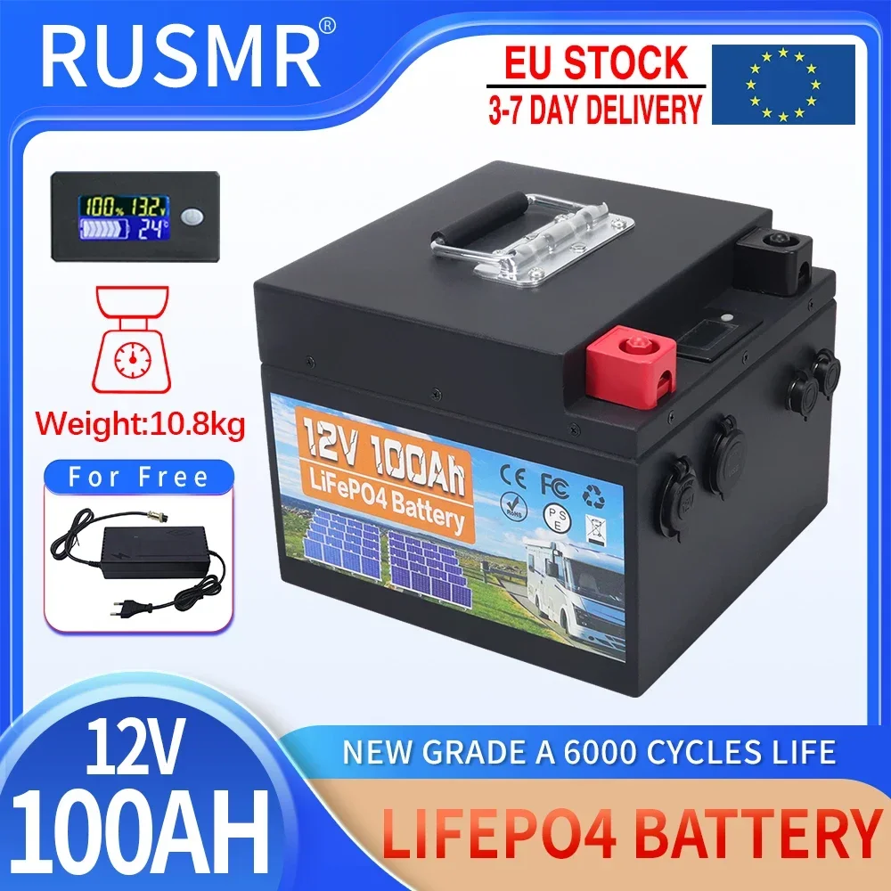 12V 50AH 100AH LiFePo4 Battery Built-in BMS Lithium Iron Phosphate Cells 6000 Cycles For RV Campers Golf Cart Solar With Charger