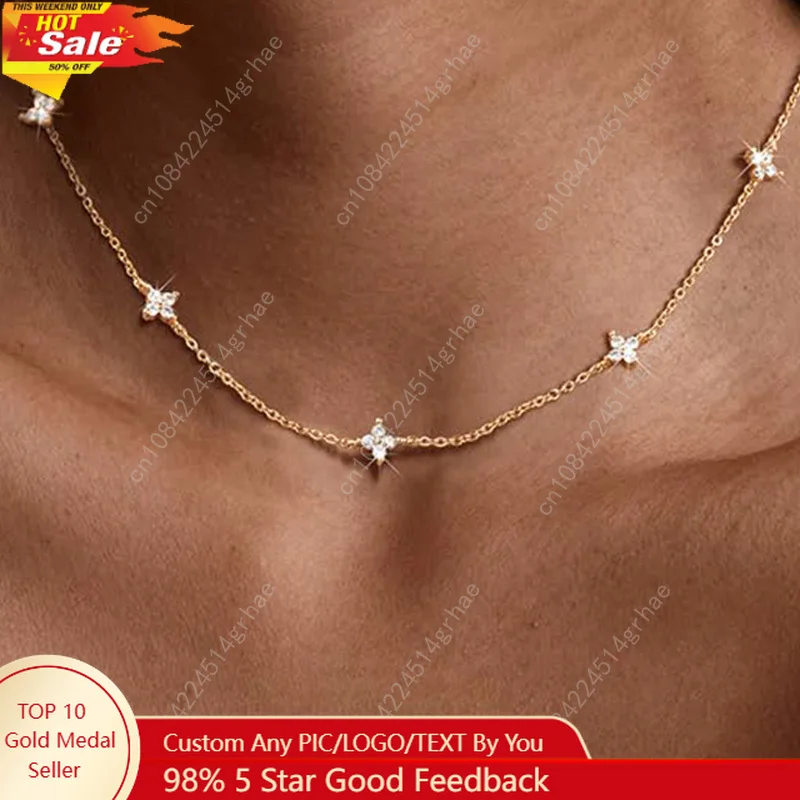 

Dainty Lucky Leaf Necklace for Women 925 Sterling Silver Trendy 14K Gold Plating Cute White CZ Flowers Pendant Choker Necklaces
