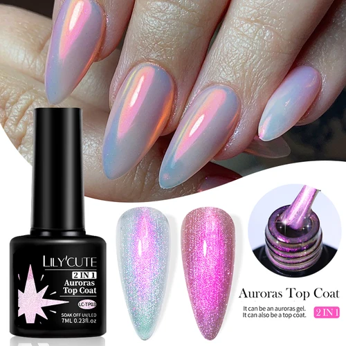 LILYCUTE 7ML Aurora Top Coat 2 en 1 esmalte de uñas de Gel de Color iridiscente púrpura blanco efecto perla remojo sellado UV LED manicura