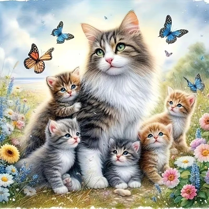 Pintura de Diamantes 5D DIY de una Linda Familia de Gatos, Gata Madre con Gatitos y Mariposas, Arte Hecho a Mano, Regalo Exquisito, Decoración para el Hogar