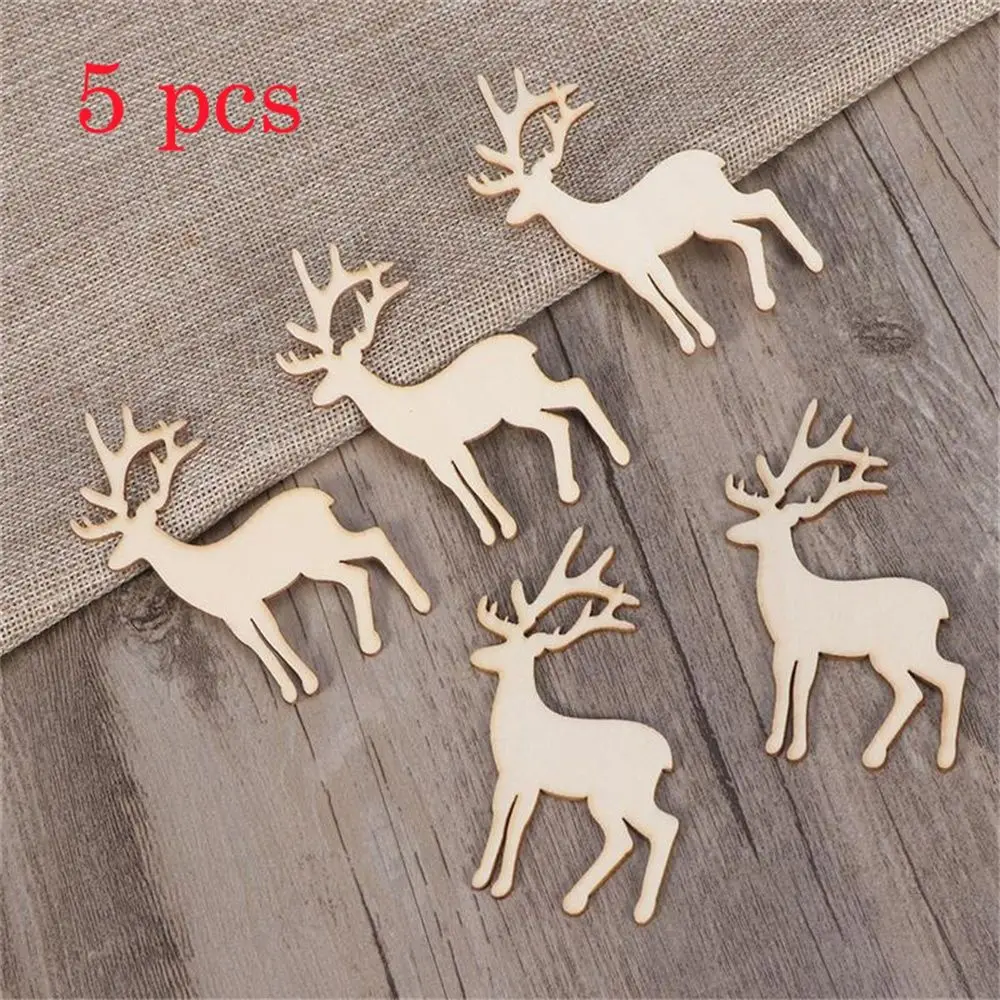 5PCS Reindeer Cutout Veneers Slices For Patchwork DIY Decoration Christmas Wooden Craft Embellishment Christmas Tree Pendants