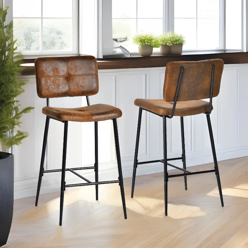 

Vintage Bar Stools Set of 2, 26.7in Counter Height Stools with Faux Leather Seats and Metal Frame for Bistro Kitchen I