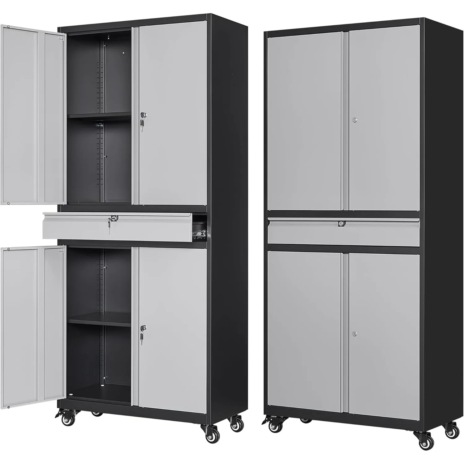 Metal Garage Storage Cabinet w/ Wheels,72” Rolling Tool Cabinet w/4 Door Lock-Adjustable Shelves and Drawer(Black&Gray w/Wheels)