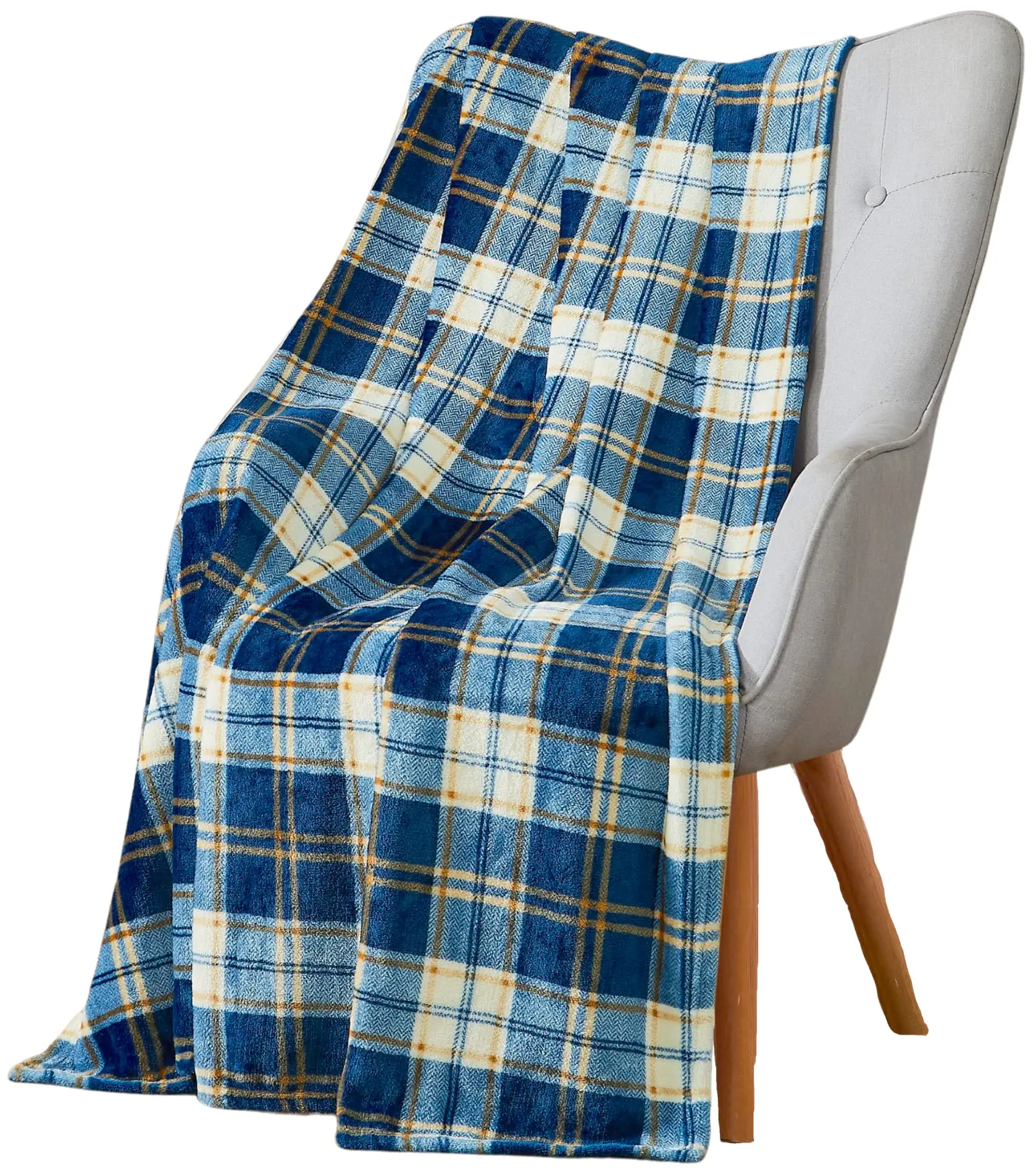 Farmhouse Teal Plaid Fleece Throw Blanket, Soft Blue Cream Brown Tartan for Couch Bed Dorm Indoor Home Decoration