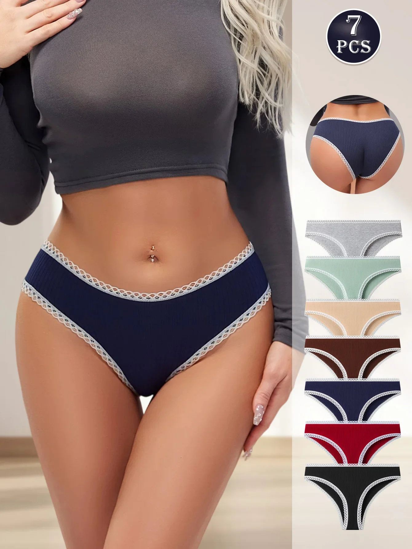 7Pcs Women Thongs New Panties Cotton Sexy Lace Underwear Tanga Solid Pants Plus Size Underpants G-Strings Female Lingerie S-XXL
