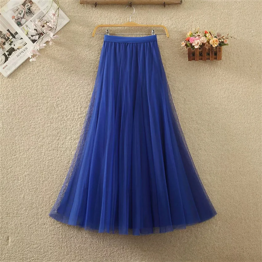Gowyimme New Spring Autumn Elegant Women High Waist Mesh Skirt All-match Girl Midi-long A-line Solid Skirts Big Swing Fairy 1881