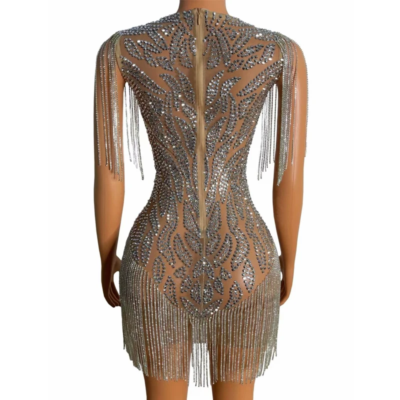 Kostium do jazzu dla grupy kobiet, seksowna sukienka z siateczki, zdobiona cyrkoniami i frędzlami, sukienka na imprezę do baru, klubu nocnego, kostium do tańca jazzowego na scenę XS10428