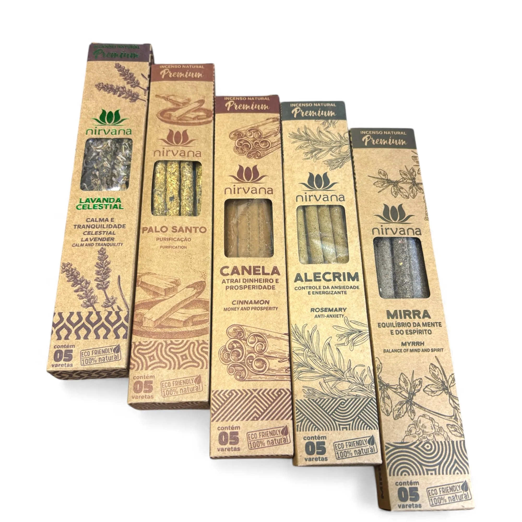 Pack de 5 cajitas de 5 varillas cada una  marca del pack Vadeincienso SE SIRVEN 5 DIFERENTES  ALEATORIAMENTE SEGUN EXISTENCIAS duración promedio de cada varilla 2 horas  25 varillas en total
