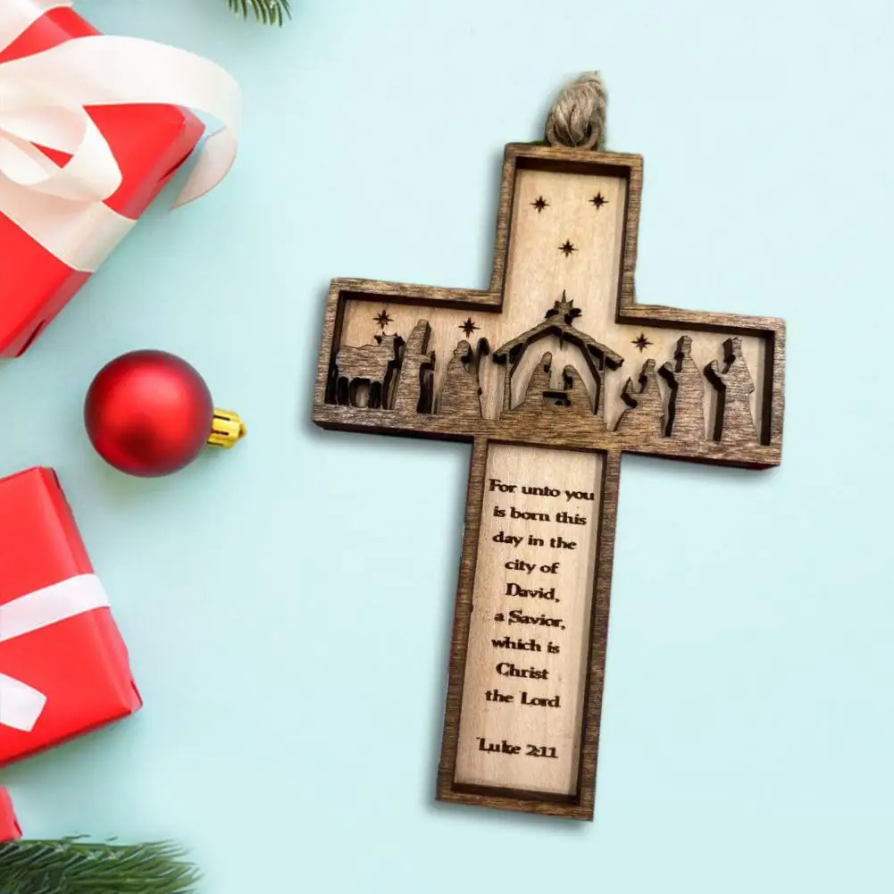 12*8cm Nativity Cross Scripture Christmas Ornament Wooden Scene Pendant Xmas Tree Hanging Decoration For Home Family Blessings