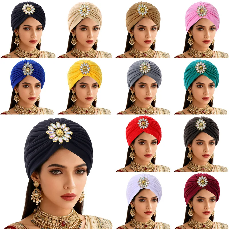 2026 New European American Women's Fashion Basic Base Indian Hat Forehead Rhinestone Decorated Headscarf Hats for Chemotherap