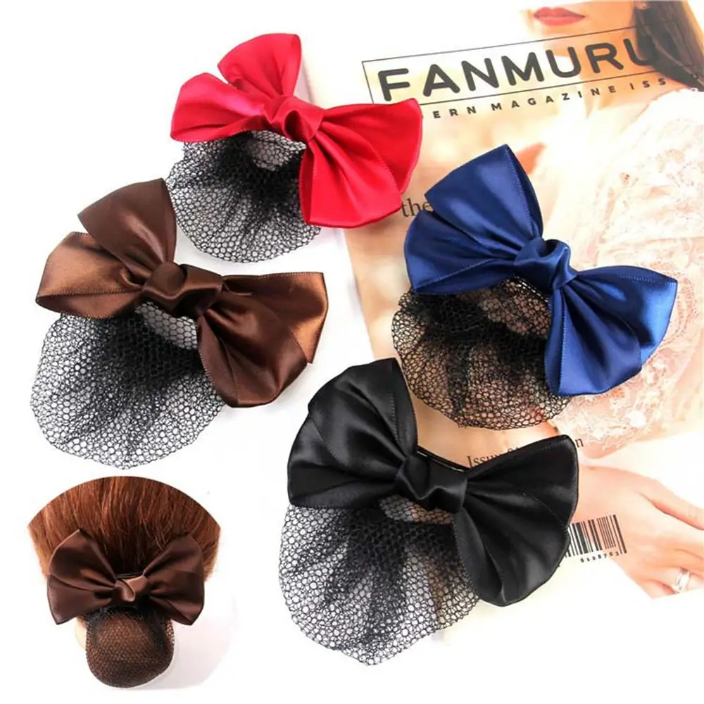 For Girls Sweet Hotel Satin Bow Hair Clip Ponytail Clip Hairgrips Cover Net Korean Bun Snood Women Spring Clips