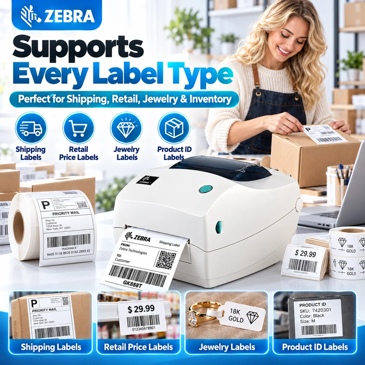 Zebra GK888t Thermal Transfer Thermal Desktop Printer 203dpi Label Printing Barcode Printing + Free 1 Roll Label Paper Gift