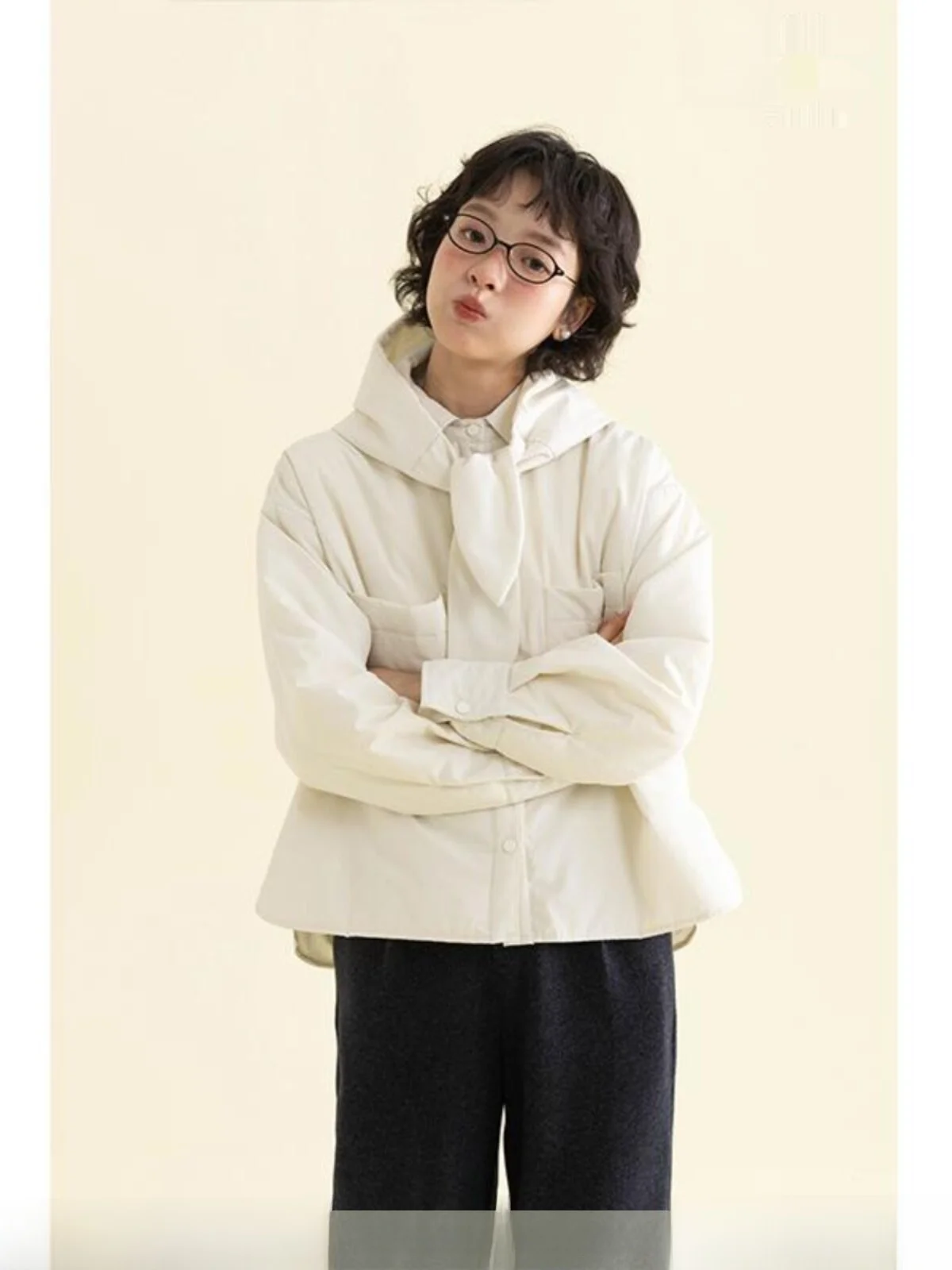

Thin Cotton irt with Detachable Bow Tie Hooded Versatile Inner Wear Commute Vintage Sle Loose Fit Long Sve Single Button