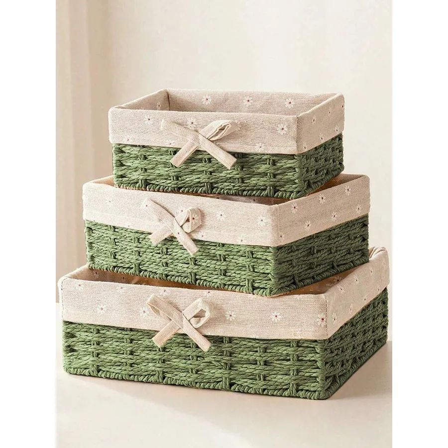 

1pc/3pcs Woven Desktop Storage Basket Suitable For Snacks Cosmetics Toys And Other Household Items Multi-Functional Fabric Stor