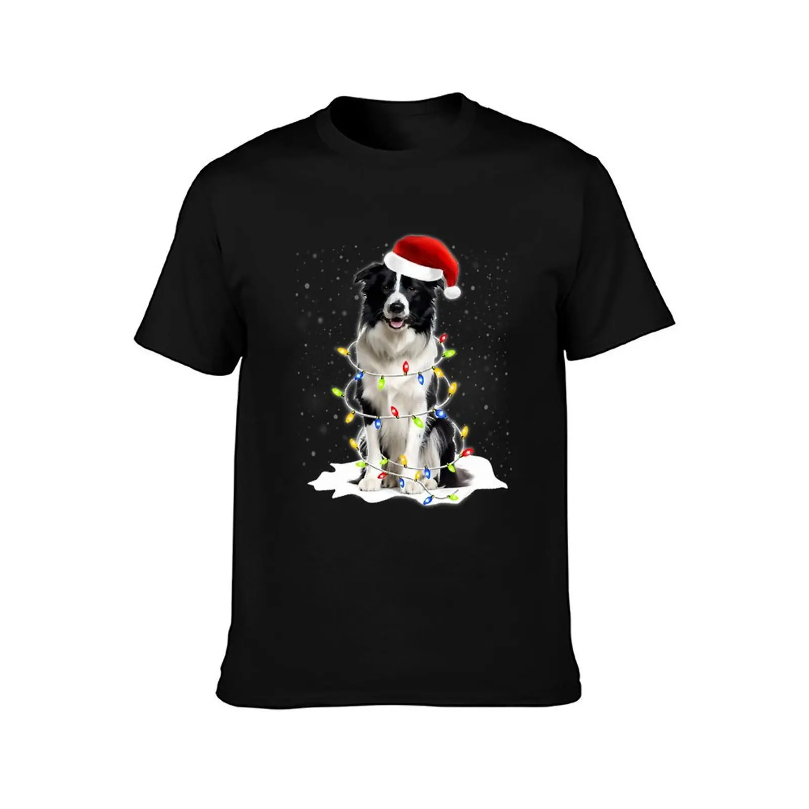 Border Collie Santa Hat Christmas Lights Xmas Funny457 T-Shirt Casual Lightweight Short Sleeve Top T-Shirt
