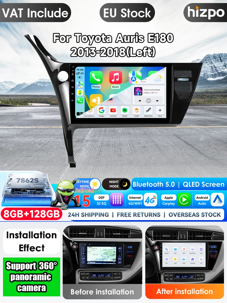 Hizpo 2-DIN Android Auto Radio für Toyota Corolla Auris 2013 2014 2015 2016 2017 2018 Linkslenker Carplay 4G Auto-Multimedia GPS 2-DIN Autoradio 360-Grad-Kamera 2-DIN-Systeme Stereo GPS SWC Bluetooth
