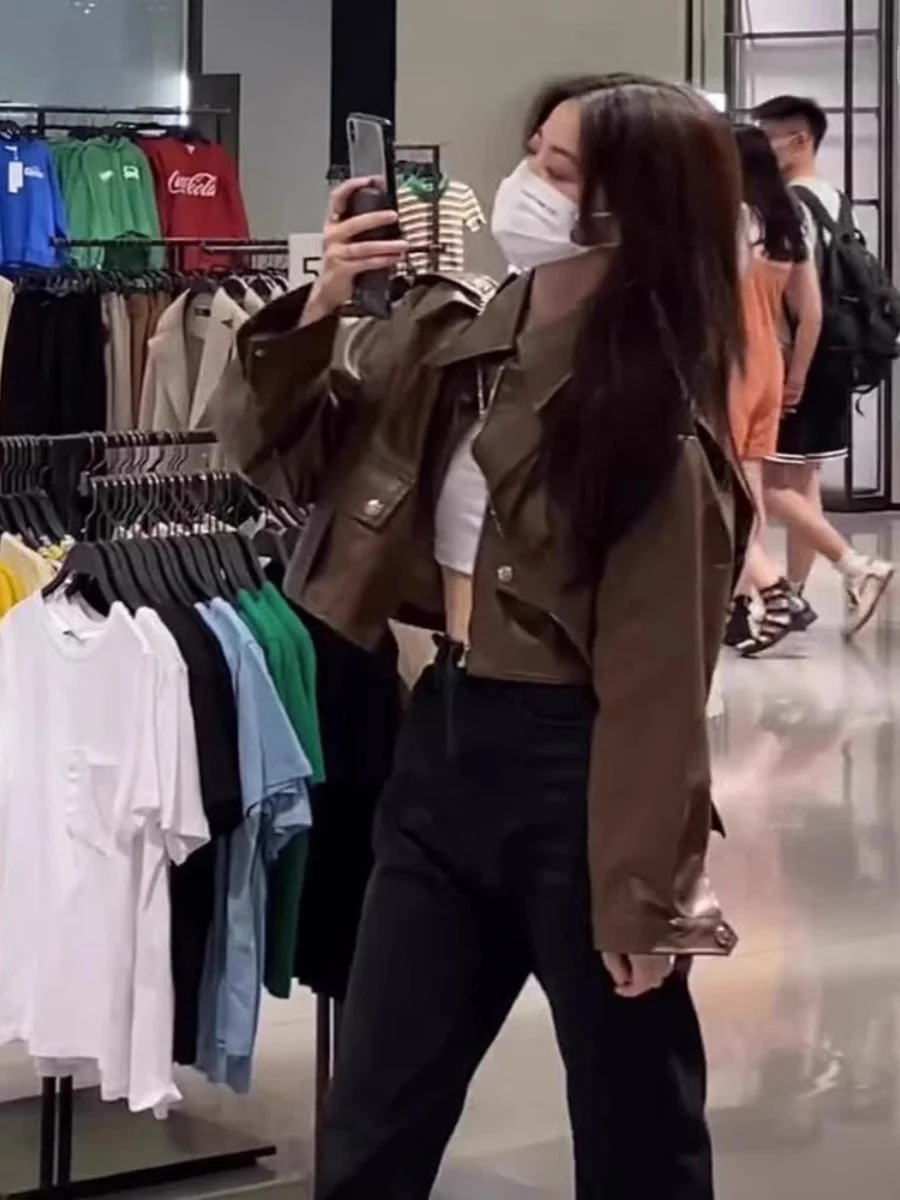 Retro bruin PU-leer Jaet dames lente herfst slim fit casual jas Sli kleine maat Fem bovenkleding