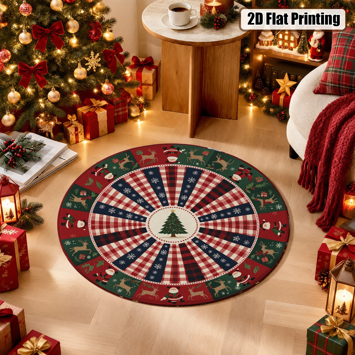 Christmas Reindeer Santa Tree Plaid Round Rug Velvet Machine Washable for Living Room Dining Room Bedroom Halloween Thanksgiving Black Friday Cyber Monday Christmas New Year