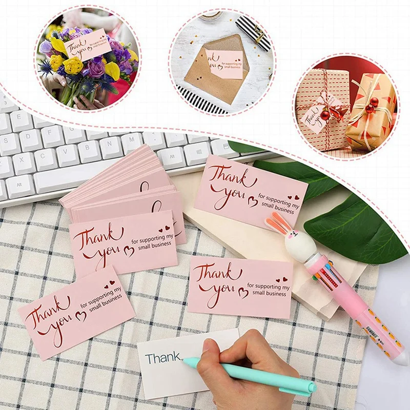 100 Pcs 2X3.5 Inches Thank You Card, Bronzing Heart-Shaped Thank You Card, DIY Sticker Label, Gift Decoration Card