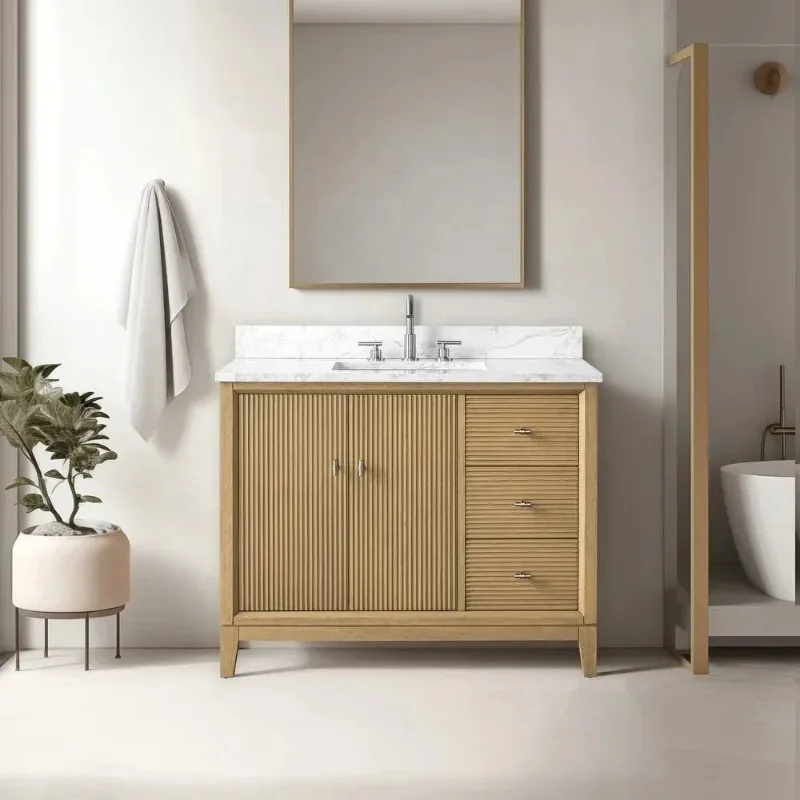 

Contemporary Elegant Wooden Bathroom Vanity Freestanding with European Striped Fluted Doors Quartz or Marble Countertop